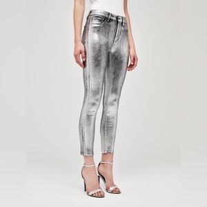 NWT L’AGENCE Margot Silver Foil Coated Cropped Skinny Jeans SIZE 24